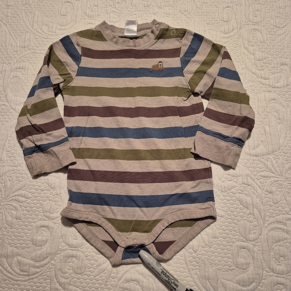 Gymboree boys size 2T striped bodysuit, has defects pictured